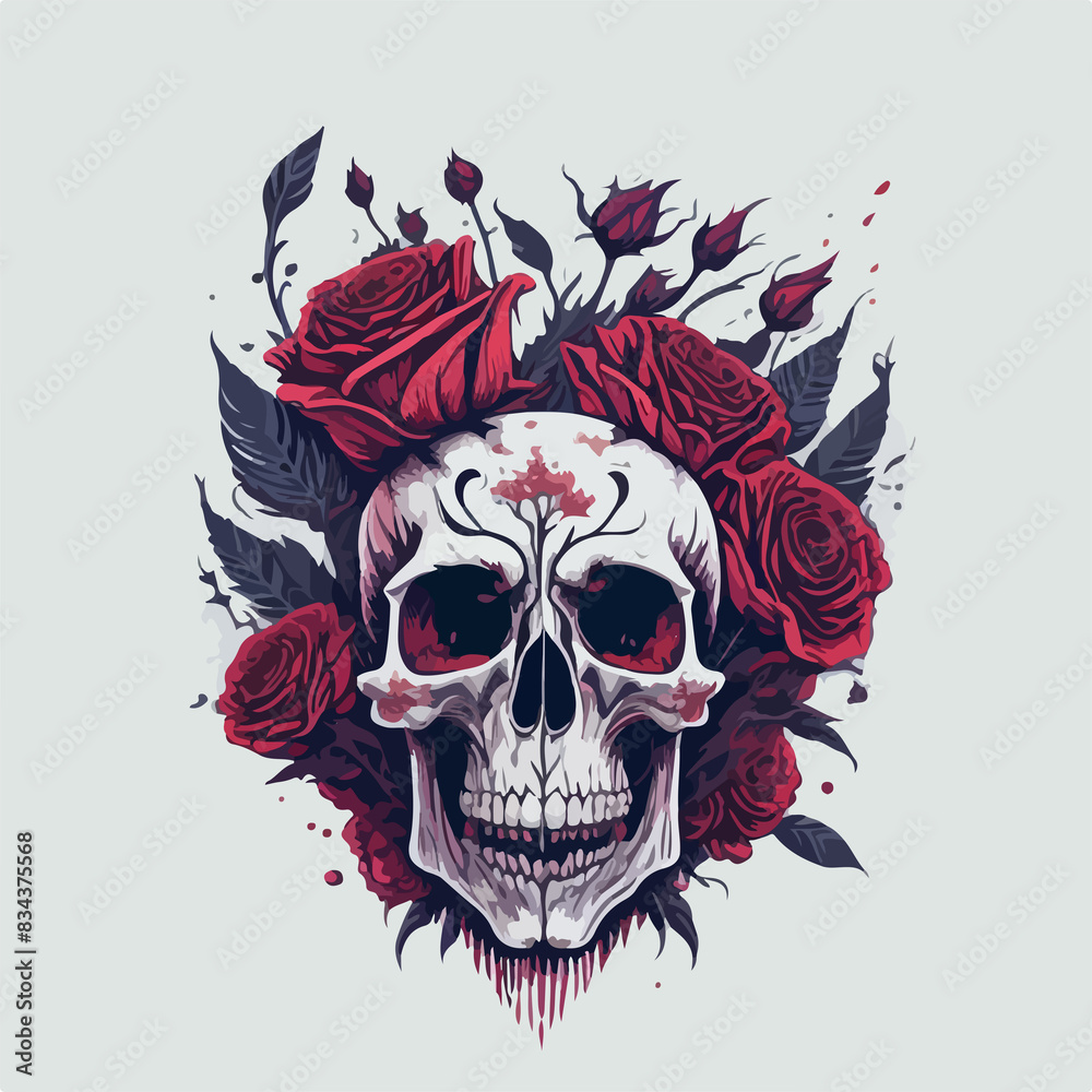 Ancient skull surrounded by vivid red roses and vibrant flowers, evoking contemplation on life's brevity. Ancient skull surrounded by vivid red roses and vibrant flowers, evoking contemplation on life's brevity.