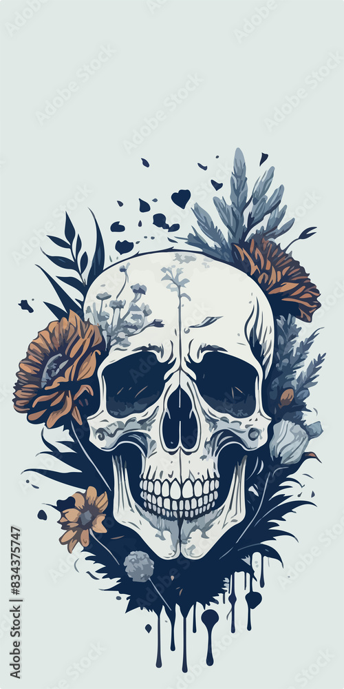 Fototapeta premium Gothic tribute: ancient skull surrounded by black & white flowers, symbolizing honor and the embrace of death.