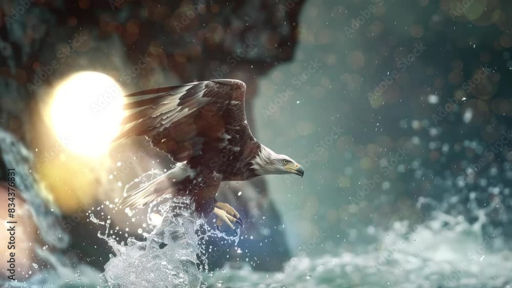 eagle flying flush with water. seamless looping overlay 4k virtual video animation background eagle flying flush with water. seamless looping overlay 4k virtual video animation background