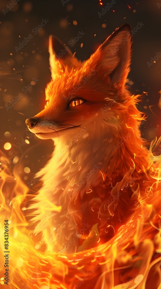 Obraz premium Fiery Foxy Spirit Unleashing Magical Elemental Powers in Glowing Flames