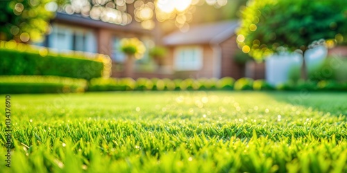 Backyard Lawn Blur: A soft, green blurred background of a neatly trimmed backyard lawn, creating a homely and comfortable feel.
 photo