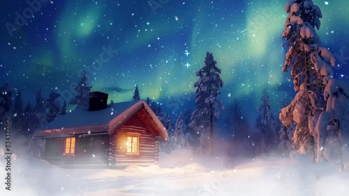 Wallpaper Mural lights of aurora borealis activity over wooden cabin. seamless looping overlay 4k virtual video animation background Torontodigital.ca