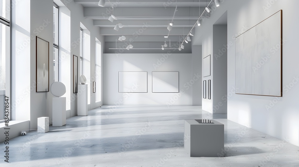 Bright and Minimalist Art Gallery Hallway with Concrete Walls and Artwork Displays