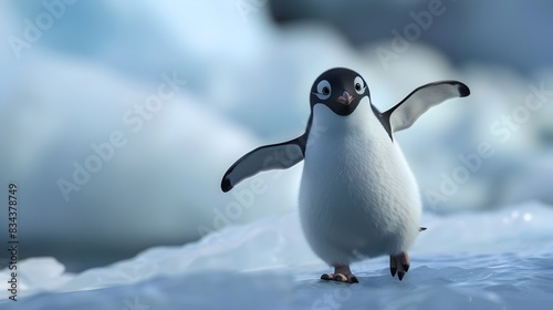Joyful Penguin Jumping on Snowy Antarctic Landscape