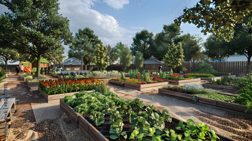 Obraz premium Lush Community Garden with Diverse Vegetable and Flower Beds in Outdoor Greenhouse Setting