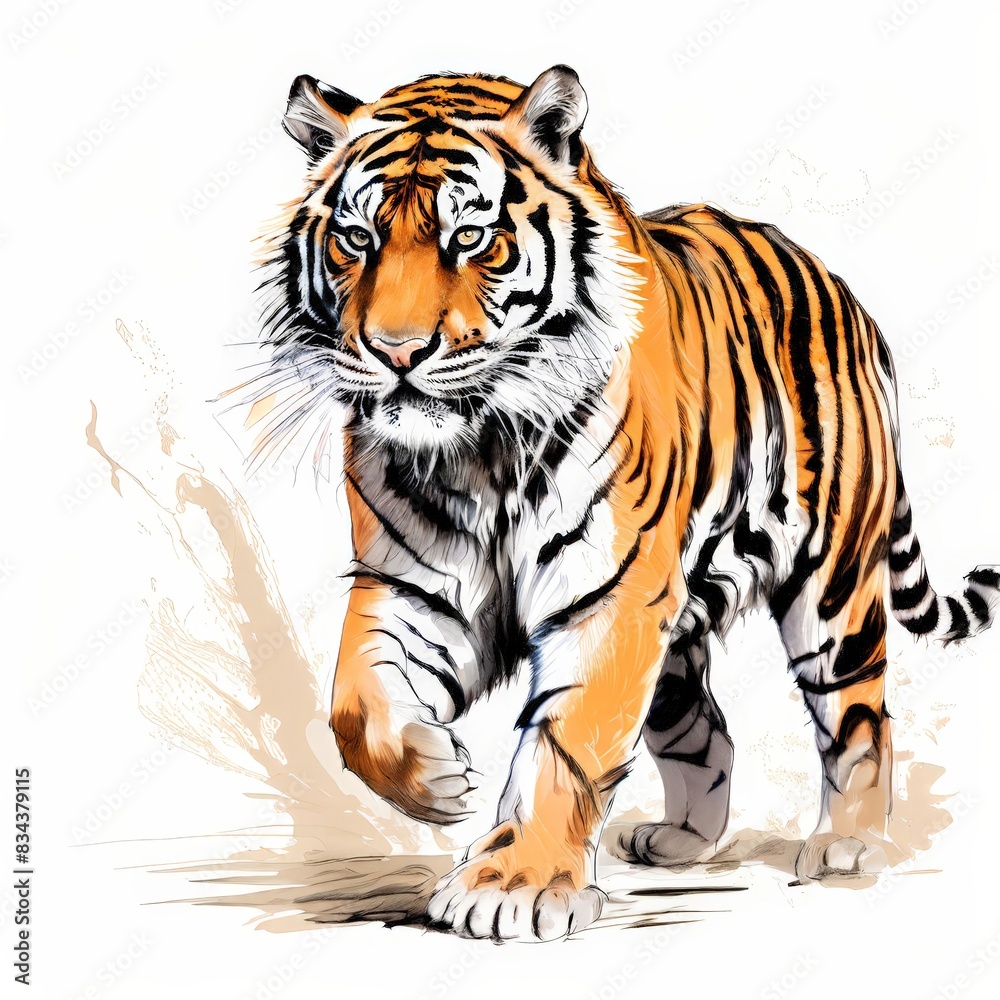 Fototapeta premium large striped tiger drawn ink sketch in full growth