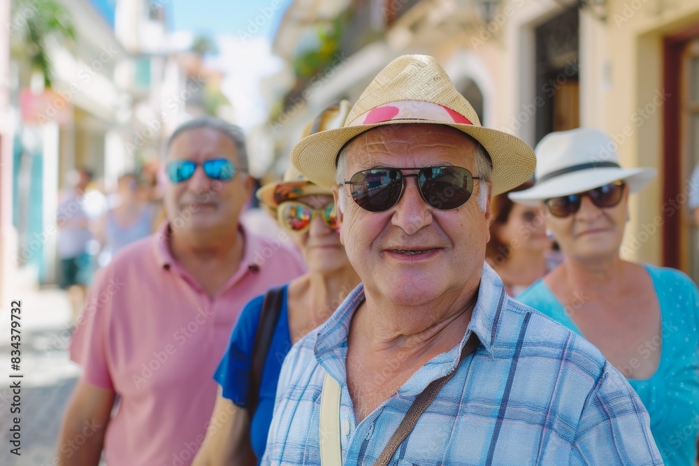 Portrait of a senior tourist man in a hat and sunglasses on the background of the city. Portrait of a senior tourist man in a hat and sunglasses on the background of the city.