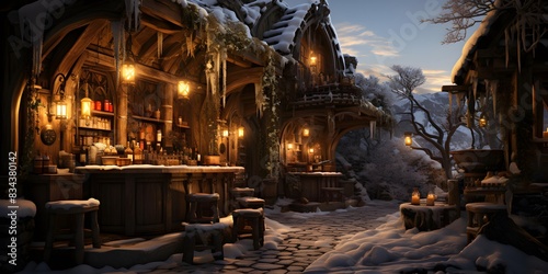 Winter night in the village. Christmas village with wooden houses in the mountains.