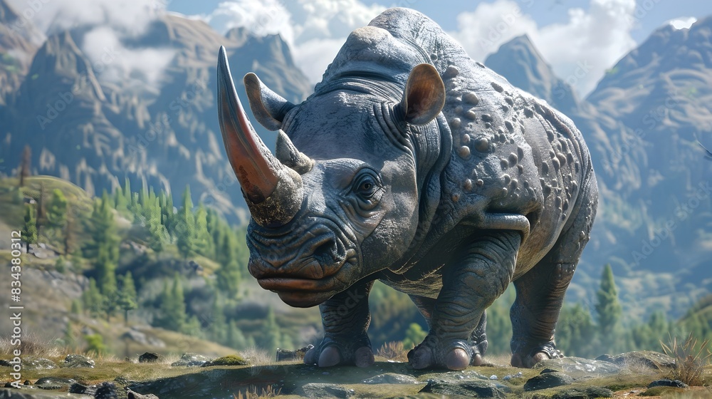 Fototapeta premium Majestic Rhinoceros in Snowy Mountain Landscape