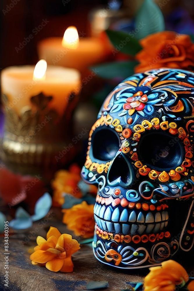 Day of the dead skull surrounded by candles and flowers mexican skull skeleton head dia de los muertos Day of the dead skull surrounded by candles and flowers mexican skull skeleton head dia de los muertos