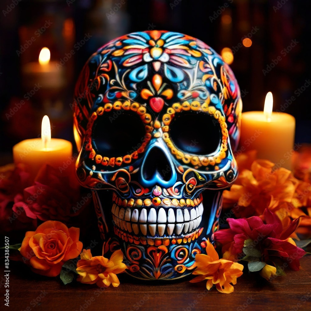 Day of the dead skull surrounded by candles and flowers mexican skull skeleton head dia de los muertos Day of the dead skull surrounded by candles and flowers mexican skull skeleton head dia de los muertos