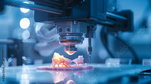 medical 3D printing, with a printer creating customized implants or prosthetics, bathed in cinematic light for emphasis. photo