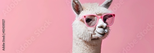 cute white alpaca wearing pink heart shaped sunglasses isolated on light pastel pink background with copy space