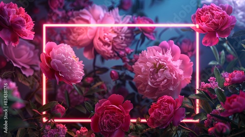 User trendy neon glowing picture frame with copy space on the background of peonies  ranunculus and garden roses. selective focus