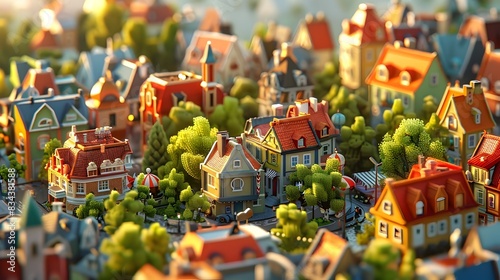 Miniature Colorful Model Town with Detailed Architecture,Roads,and Nature Scenery in Whimsical Fairy Tale Setting
