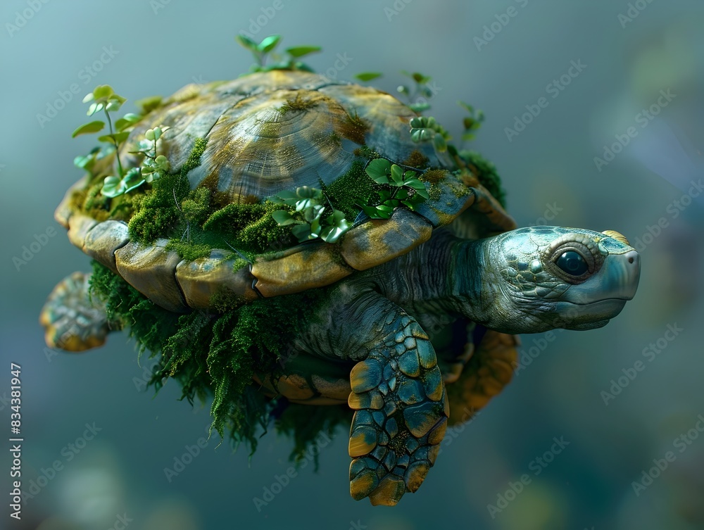 Mossy Green Turtle Blending Seamlessly into Lush Foliage in Natural Habitat Mossy Green Turtle Blending Seamlessly into Lush Foliage in Natural Habitat