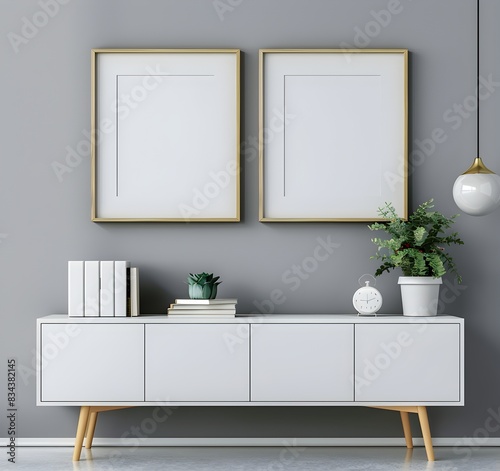 3D rendering of two picture frames on top of a white sideboard against a grey wall with books and succulents