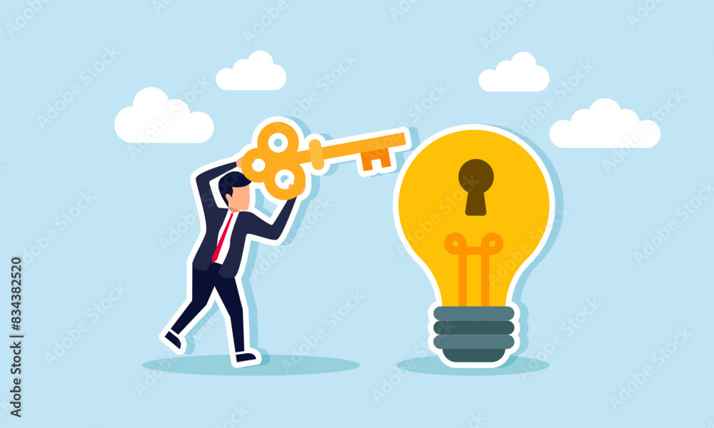 Businessman unlocks a lightbulb, symbolizing new ideas and creativity, concept of Smart businessman with golden key ready to unlock lightbulb idea lamp Businessman unlocks a lightbulb, symbolizing new ideas and creativity, concept of Smart businessman with golden key ready to unlock lightbulb idea lamp
