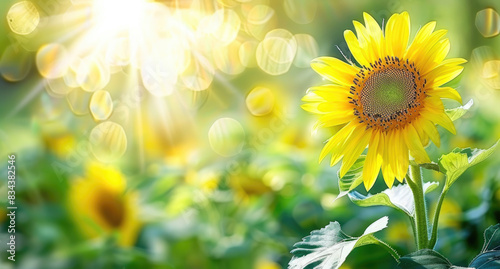 A vibrant sunflower in full bloom, with its golden petals radiating warmth and joy on a sunny background. Sunflowers form the foreground of the scene