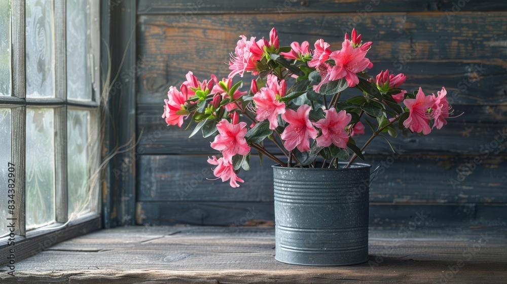 Fototapeta premium A beautiful still life of a potted azalea plant with delicate pink flowers, placed in front of an old wooden window