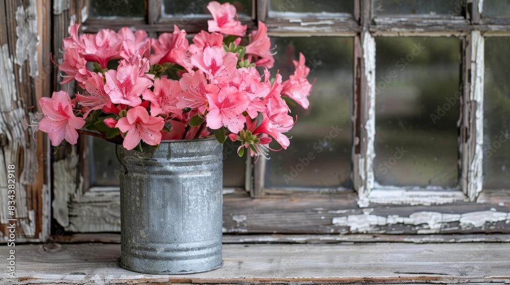 Fototapeta premium A beautiful bouquet of pink azaleas in a rustic metal bucket sits on a wooden window sill