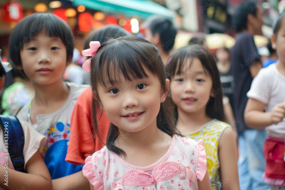 Cute asian little girl smiling and looking at the camera in the street Cute asian little girl smiling and looking at the camera in the street