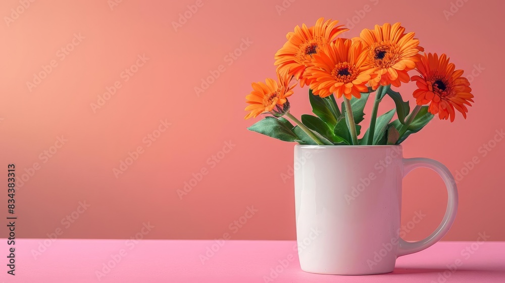 Photo of orange gerbera daisies in a white coffee mug on a pink background. Photo of orange gerbera daisies in a white coffee mug on a pink background.
