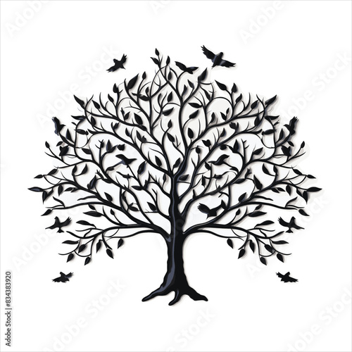 A single black tree silhouettes with birds on white background