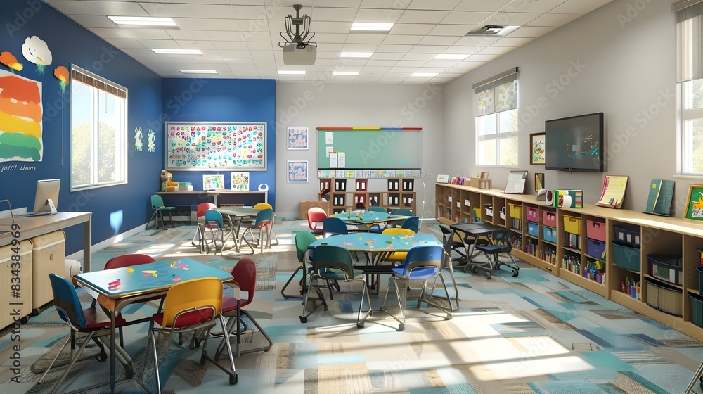 Vibrant and Organized Classroom Interior with Desks,Chairs,and Educational Supplies Vibrant and Organized Classroom Interior with Desks,Chairs,and Educational Supplies