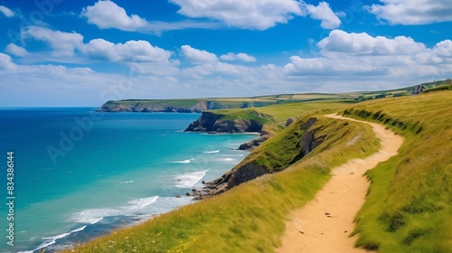 A scenic view of a coastal path with cliffs and ocean on a sunny day.