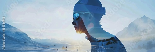 Winter Olympics cross-country skiing close up, focus on, copy space Bright hues, Double exposure silhouette with mountain backdrop photo