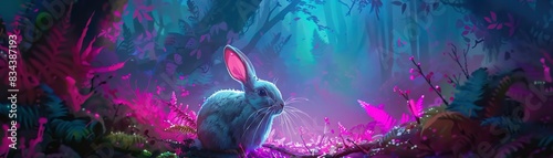 Cyber enhanced rabbits with speed modules, darting through neon underbrush in experimental ecosystems photo