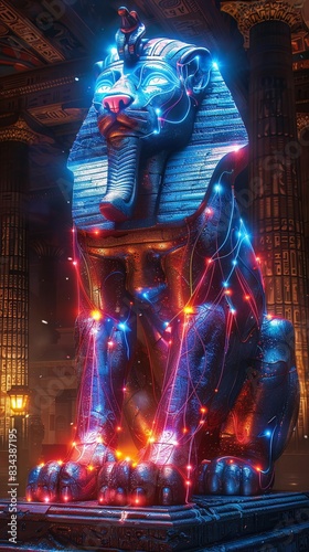 Cyborg Sphinx with a metallic mane, posing riddles to visitors at the gateway of a neon lit tomb