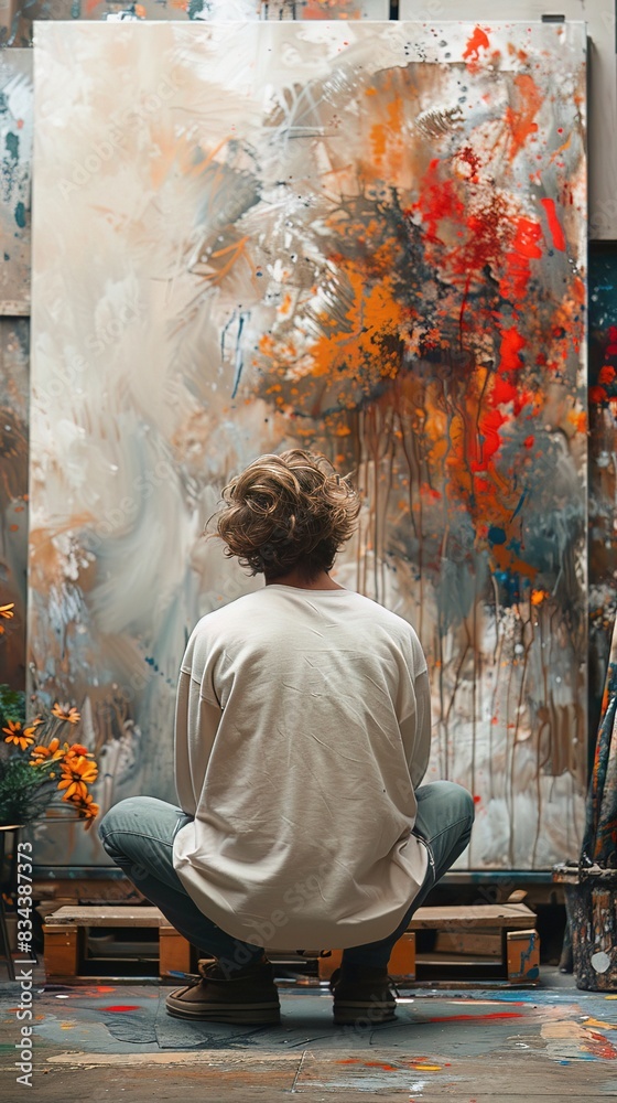 Frustrated artist in front of a blank canvas, creative struggle, space for artistic inspiration workshops Frustrated artist in front of a blank canvas, creative struggle, space for artistic inspiration workshops
