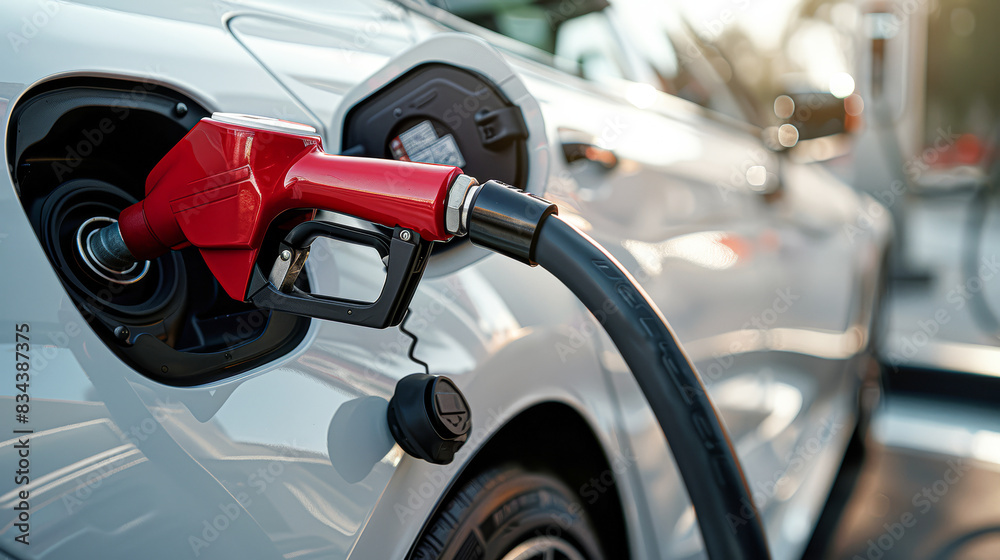Red Fuel Nozzle Inserted into White Car's Tank