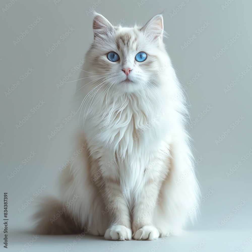 Fluffy white cat sitting on an isolated light grey background, looking directly at the camera with vivid blue eyes, ample space for text