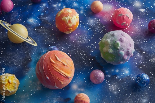 photo of planets made from colorful bathtub balls, with a space background