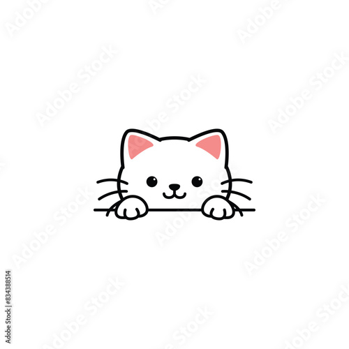 Cute white cat peeking cartoon, vector illustration.