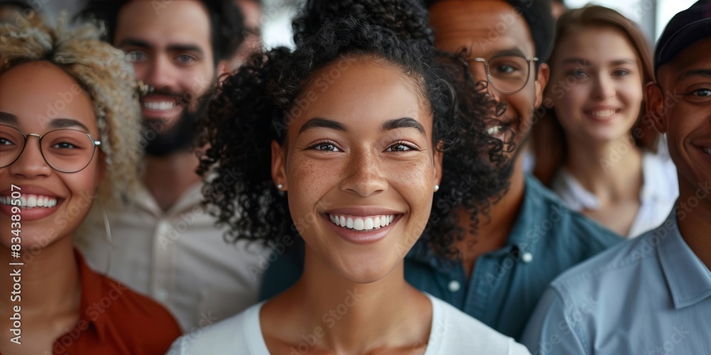 A closeup shot of a diverse group of smiling individuals represents unity and diversity in business against a black background. A closeup shot of a diverse group of smiling individuals represents unity and diversity in business against a black background.
