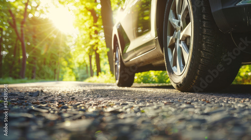 A car wheel on the asphalt road in summer, with a closeup view under bright sunlight and a background of green trees. © Duka Mer