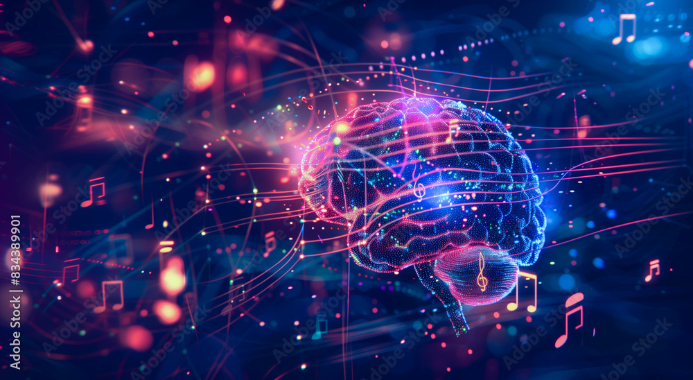 Neon-lit digital brain with vibrant music notes and neural pathways Neon-lit digital brain with vibrant music notes and neural pathways