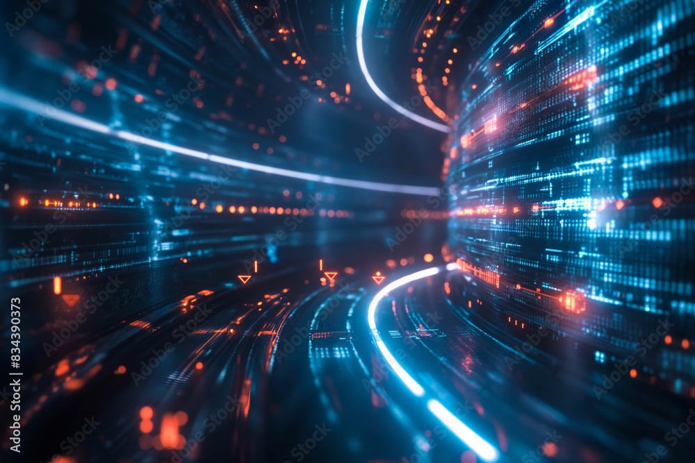 Digital illustration of a futuristic blue glowing data tunnel, representing cyberspace and virtual reality