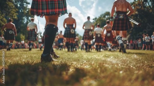 Scottish Highland Games participants wearing traditional kilts, gathering for the event on a sunny day photo