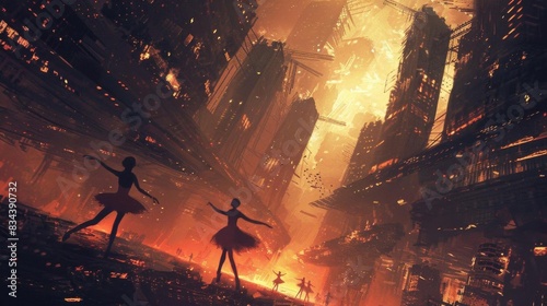 Two ballerinas dance in a futuristic, dystopian cityscape enveloped in orange and red light, creating a striking contrast of art and urban decay. photo