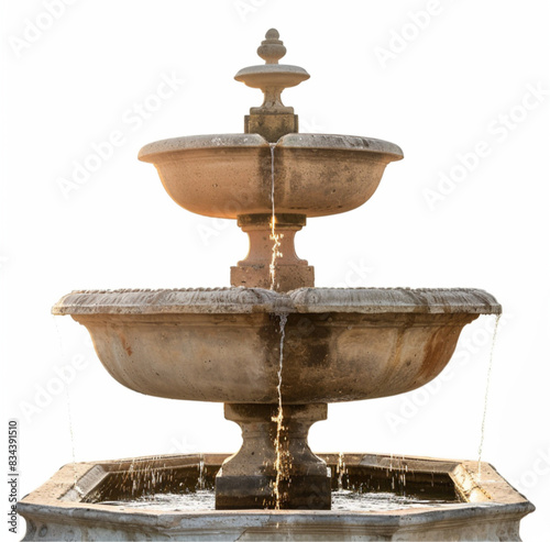 stone fountain during sun setting on the fountain's left side, isolated against white background photo