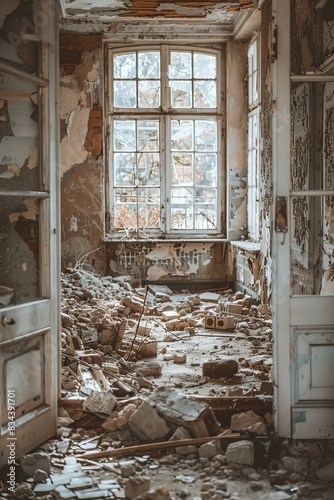 Closeup vertical shot of a decrepit corridor, broken windows, and collapsed ceiling in an old abandoned building photo