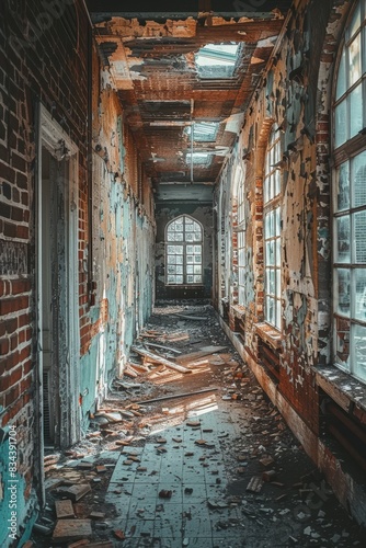 Closeup vertical shot of a decrepit corridor, broken windows, and collapsed ceiling in an old abandoned building photo