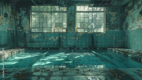 Abandoned dive training pool indoors, peeling paint, empty and silent, with deep water and shadows photo