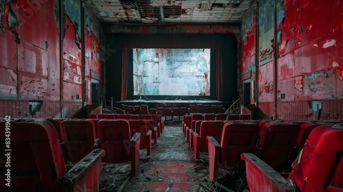 Abandoned theater, retro style with red-black fabric walls, derelict seats, and a deteriorating screen, eerie silence
