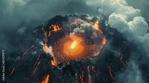 Aerial view looking above a volcano, capturing the dramatic eruption and flowing lava, with billowing smoke against a stark landscape photo